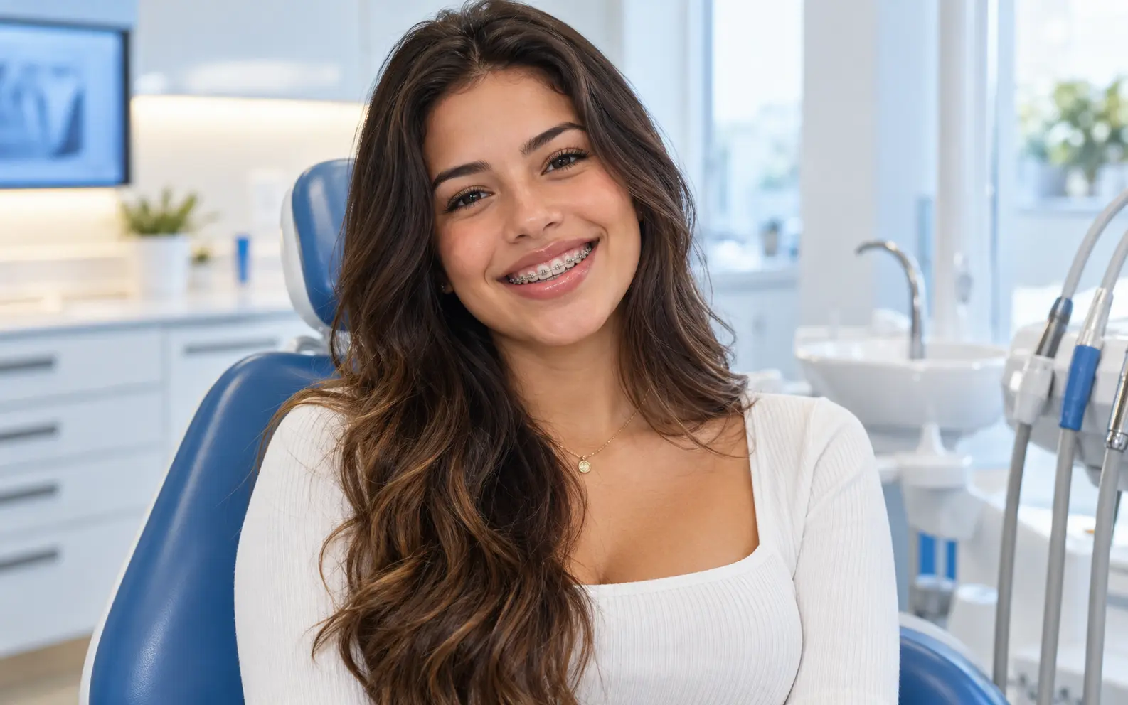 Mulher sorrindo com aparelho ortodôntico fixo, representando o tratamento para corrigir o alinhamento dos dentes.