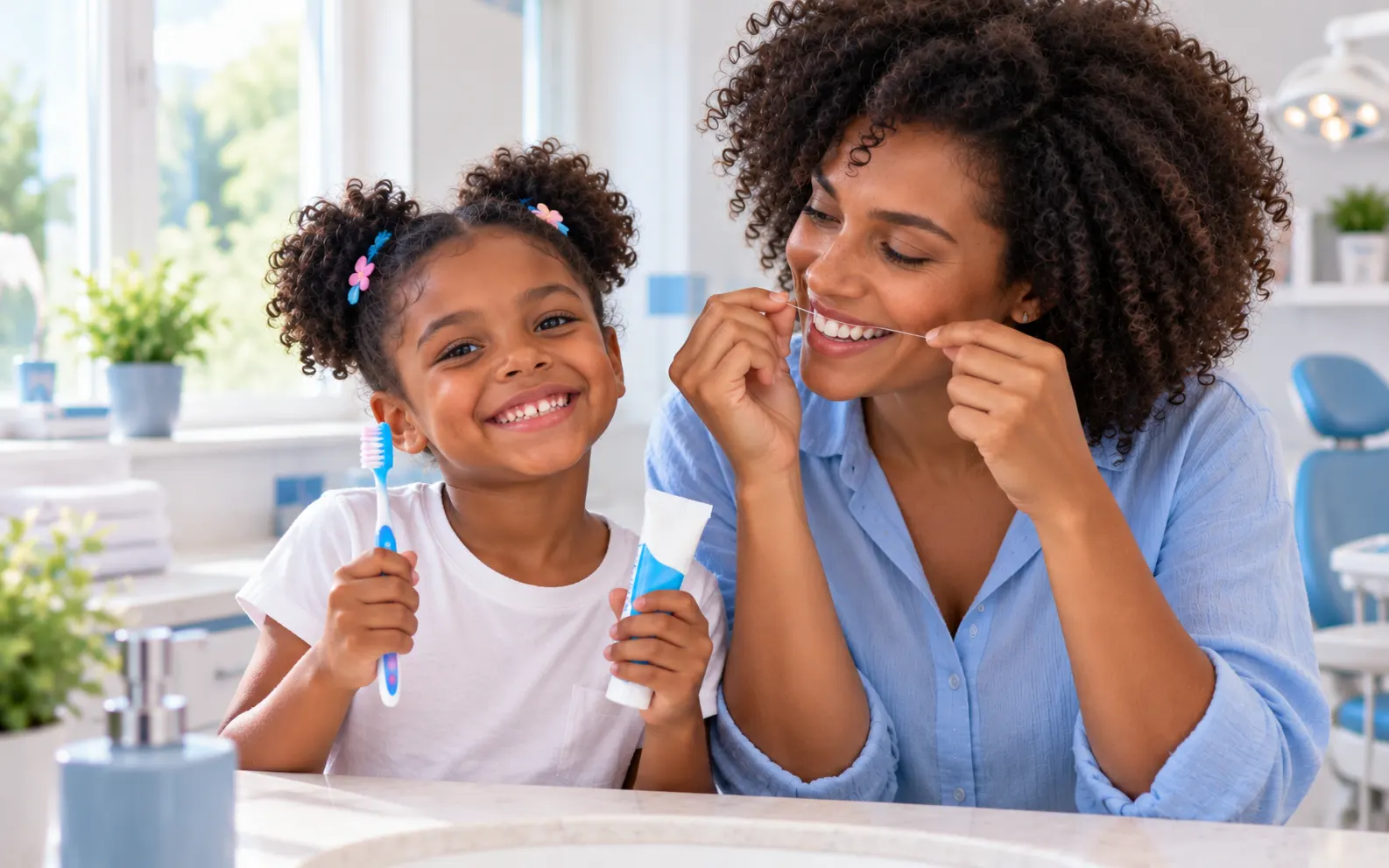 Mulher usando fio dental ao lado de uma criança com escova e creme dental.